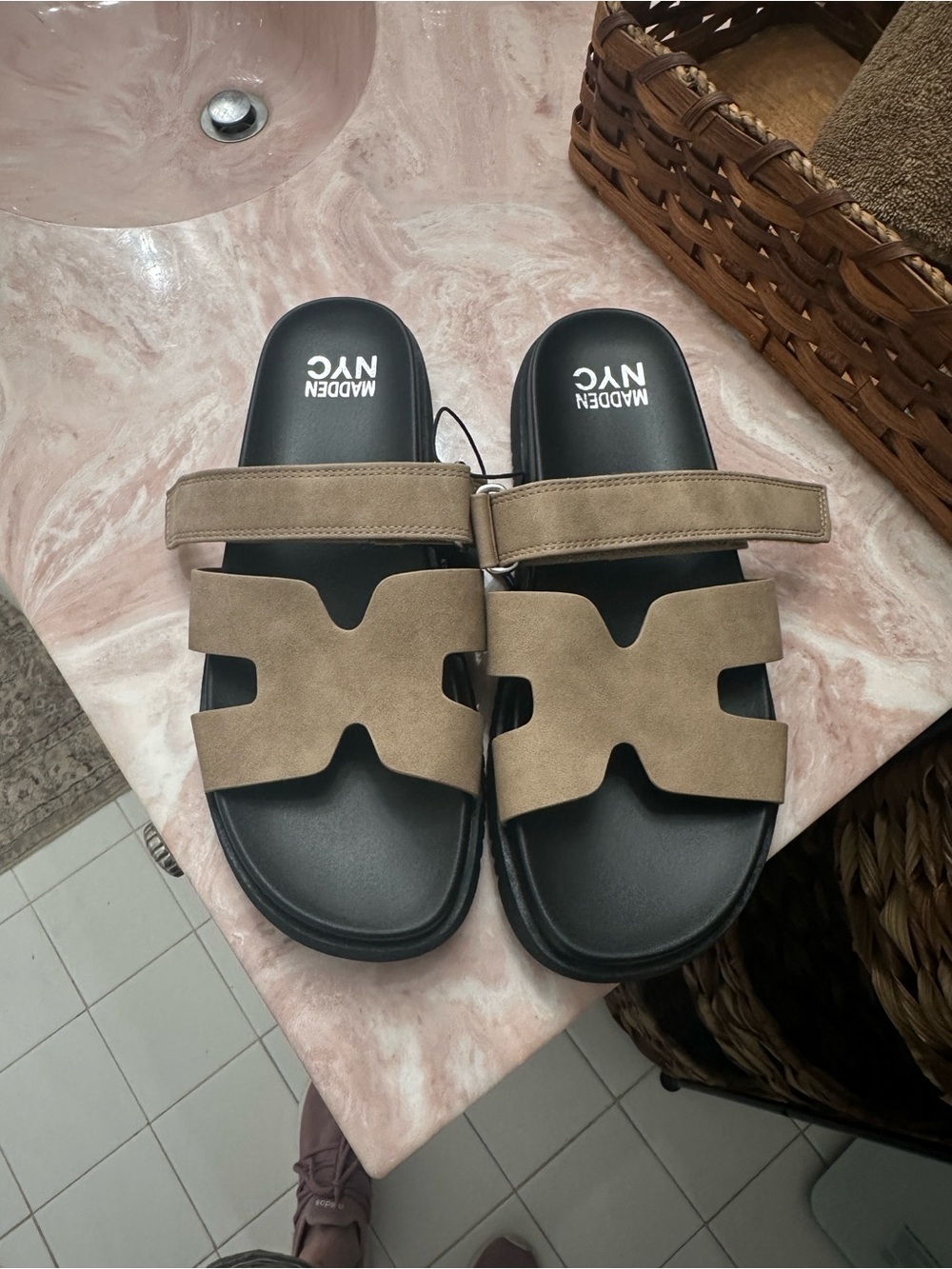 Madden NYC Women’s Taupe Double-Strap Slide Sandals